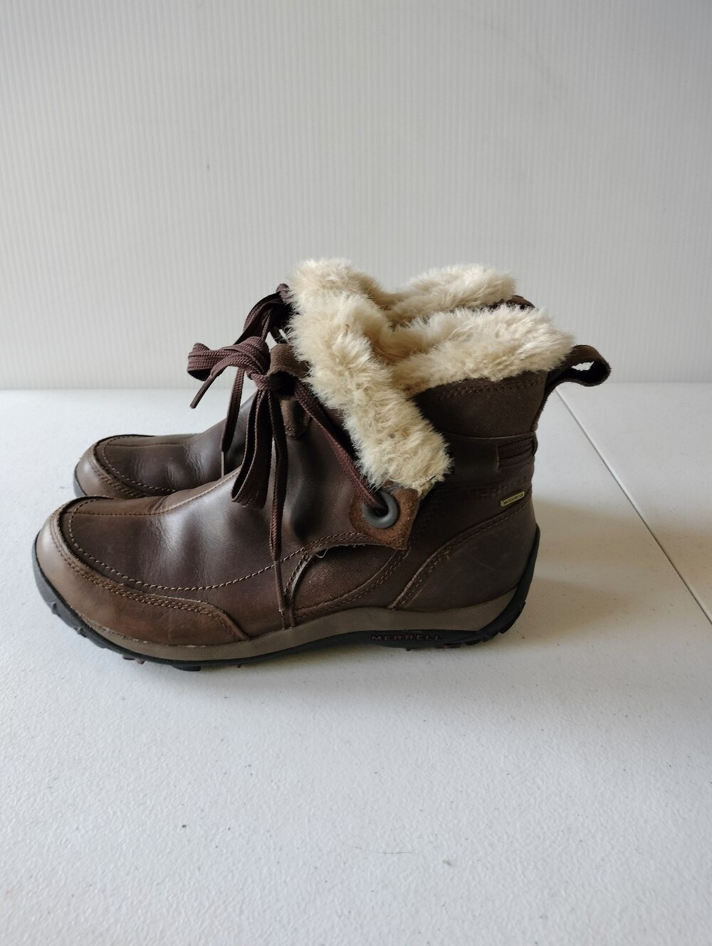 Merrell Misha Leather Brown Winter Waterproof Ankle Boots Faux-Fur Cuff 8 Tie